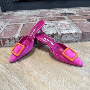 NEW Manolo Blahnik Pink and Orange Maysale Heels Sz 36.5